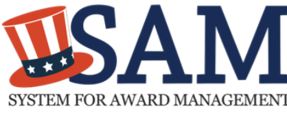 Logo of the System for Award Management (SAM) featuring a stylized red, white, and blue top hat with stars and the word 'SAM' in large blue letters.