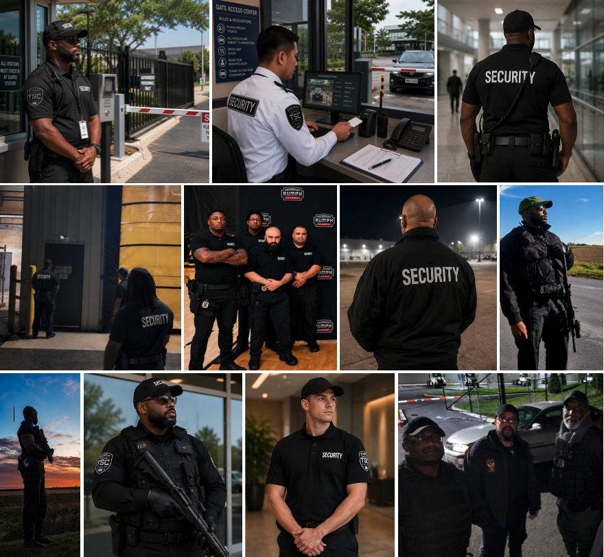 Collection of security personnel in various settings, including guards at a gate, staff at a security desk, team group photo, officers patrolling, and individual security officers during different times of day.
