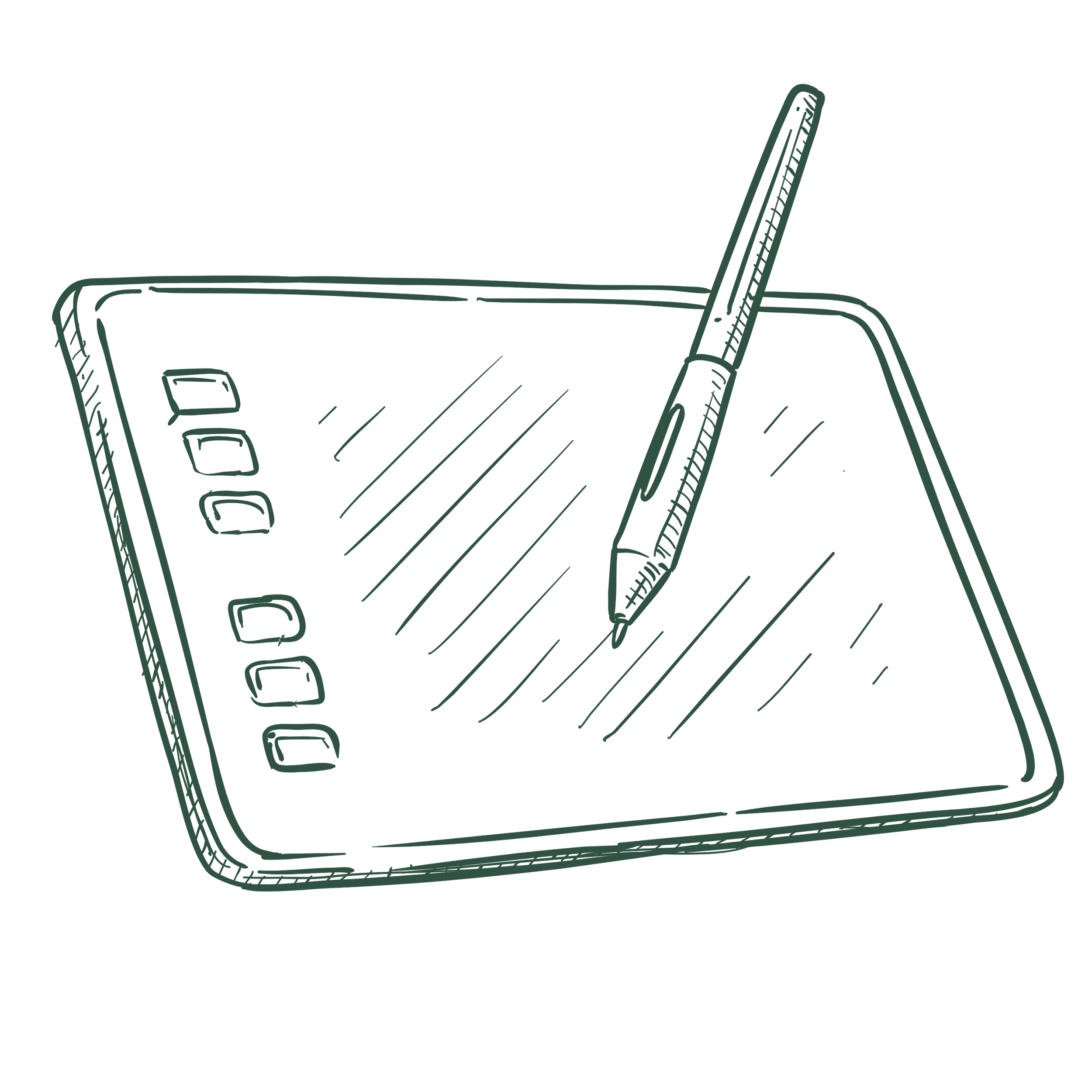 Digital line drawing of a smartphone with a stylus or pen resting on the edge of the phone.