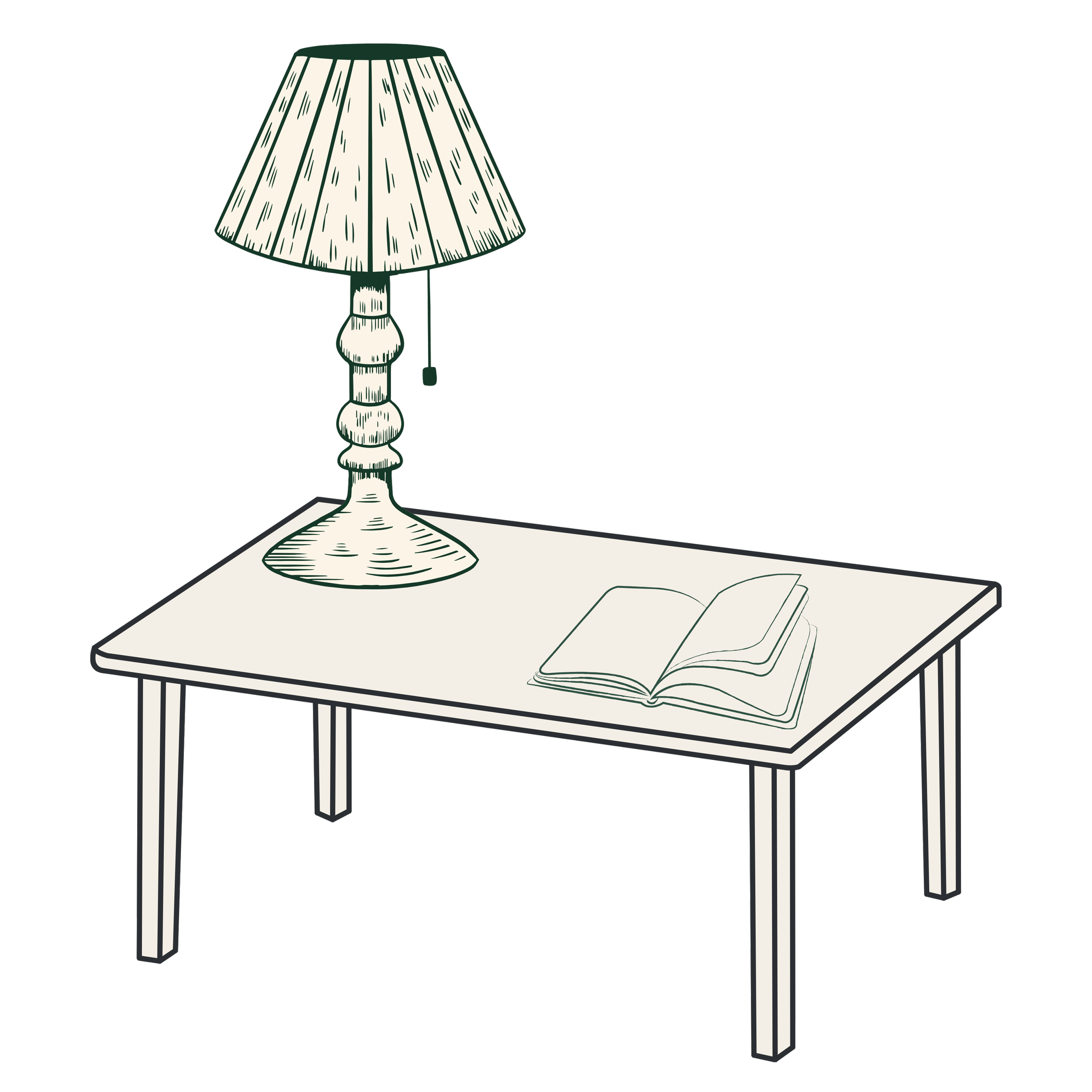 Line drawing of a desk lamp on a table with an open notebook.