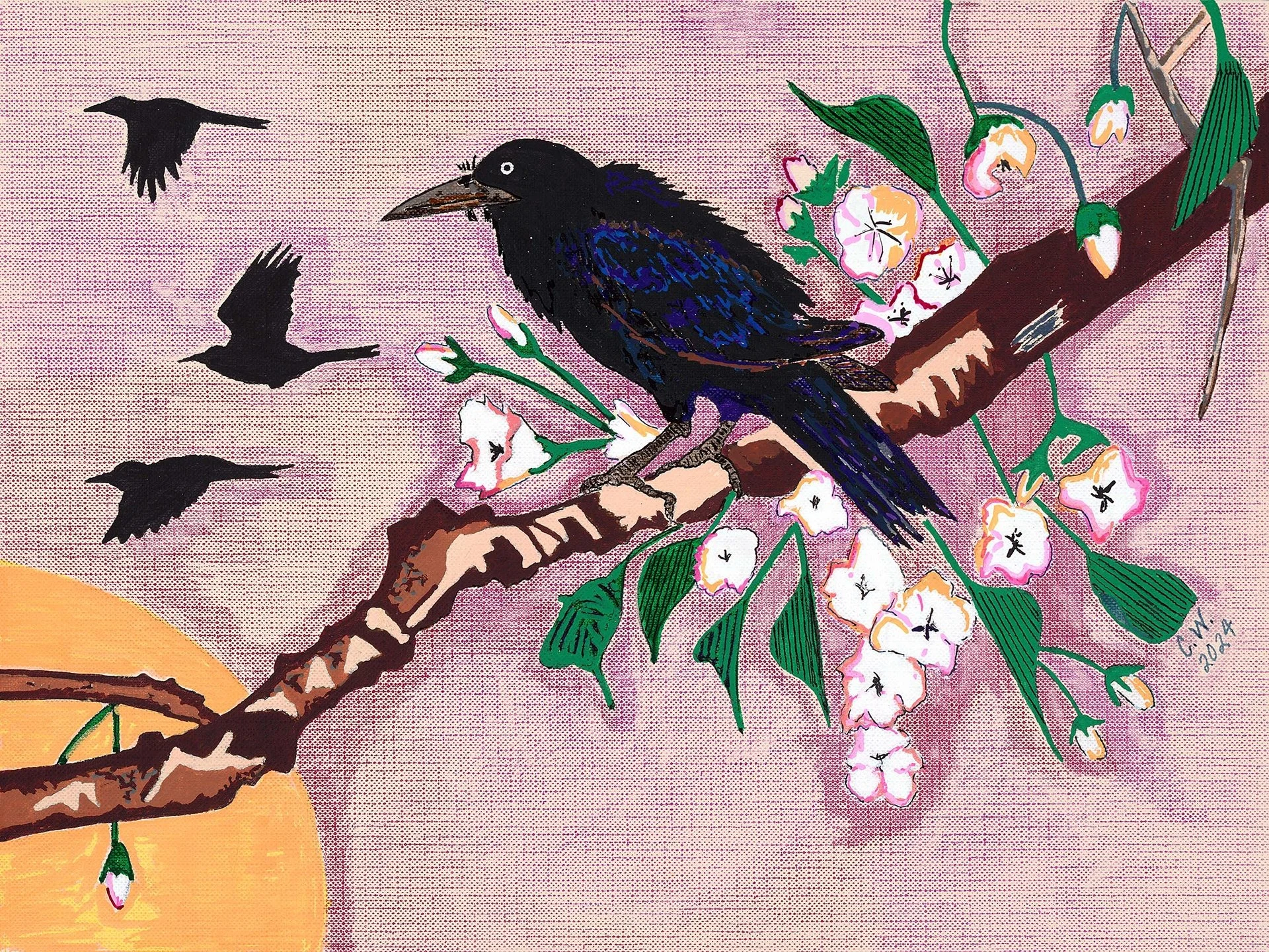Raven with Cherry Blossoms: a raven on a blossoming branch, with birds in flight and a low sun behind.