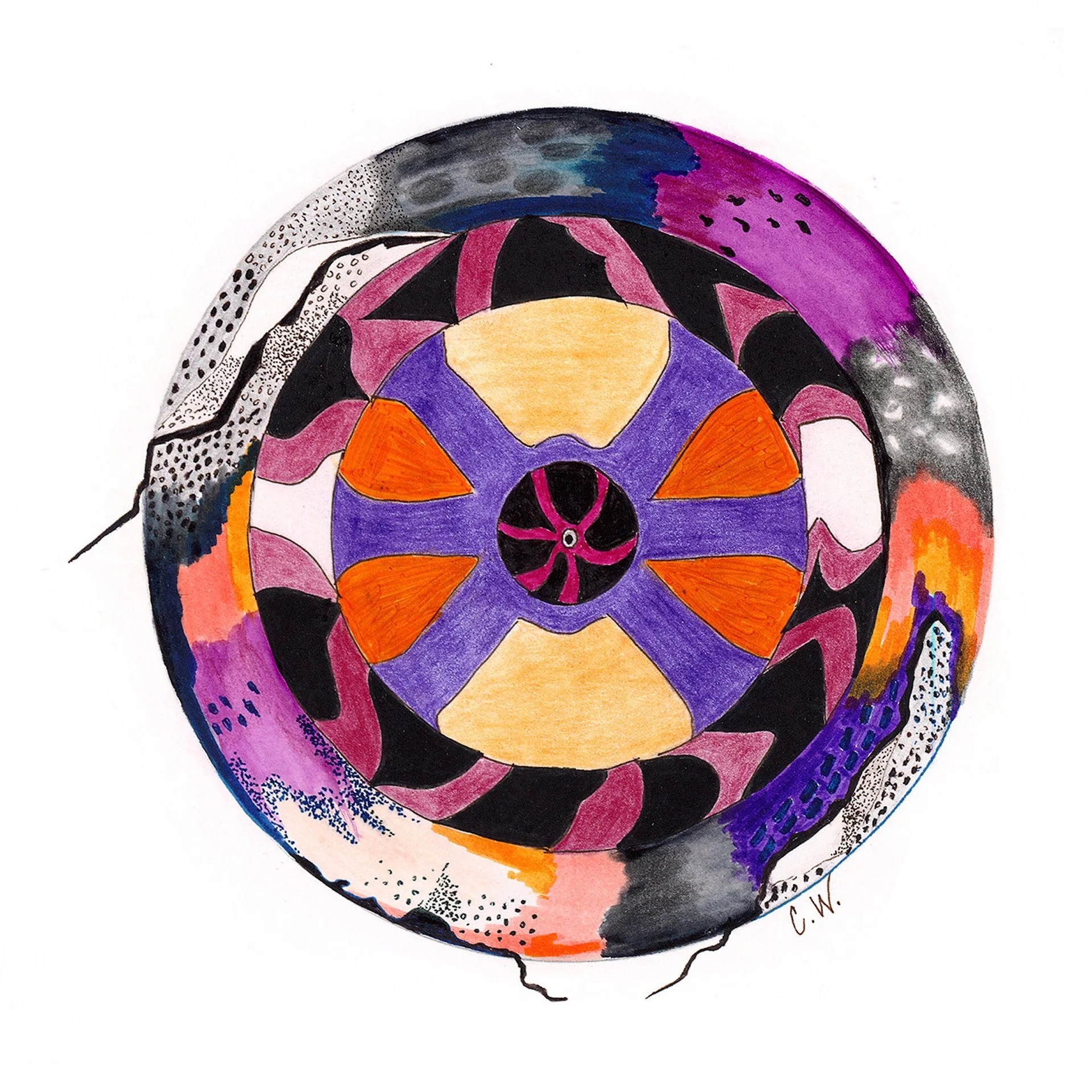 Close-up of the fractured outer edge, with stippled dot work and layered color washes.