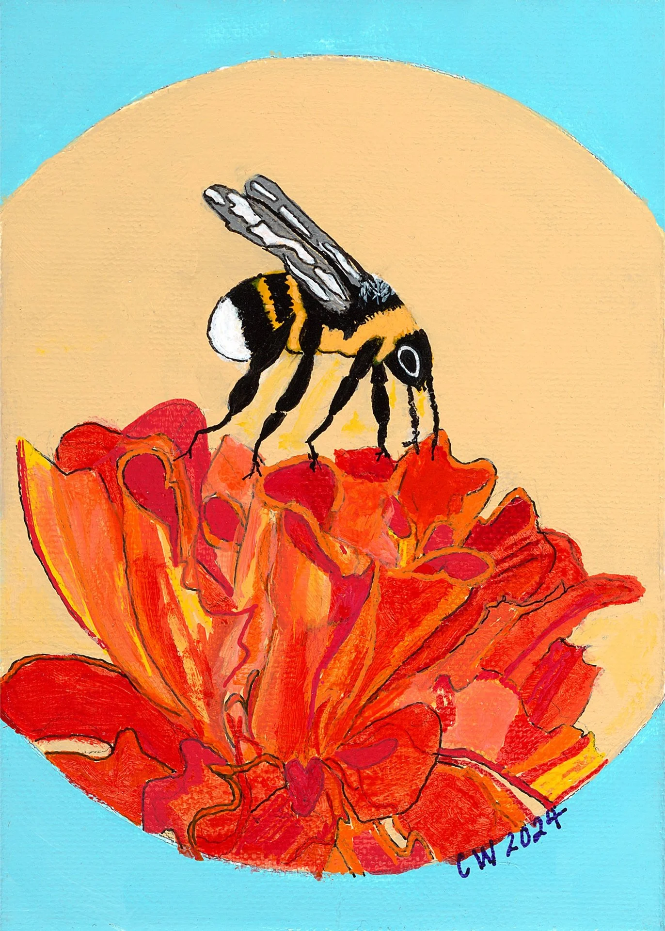 Bee on Flower: a bumblebee resting on the ruffled petals of a red-orange bloom against turquoise.