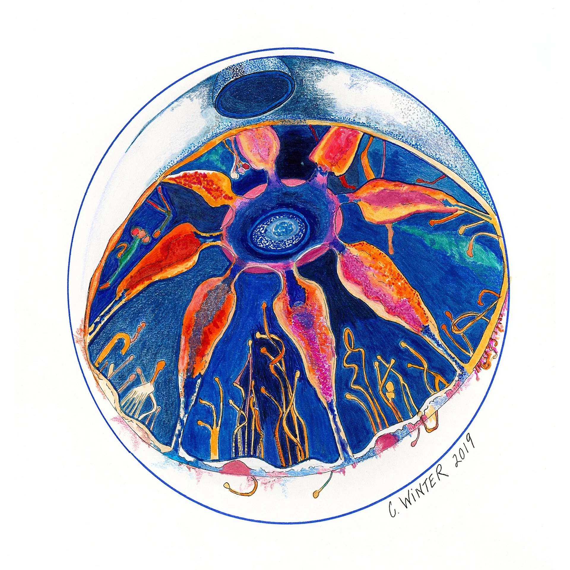 Close-up of the radiating form's center and fine golden tendrils.