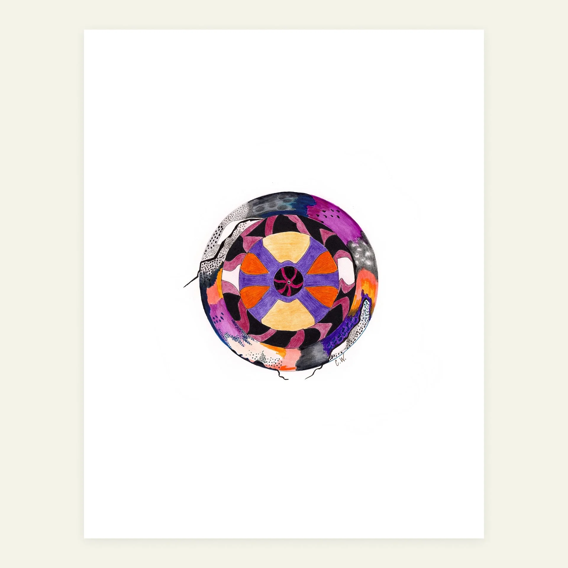 Mixed media print of a circular composition in gold, orange, and magenta with a fractured outer edge, shown full page with white border.