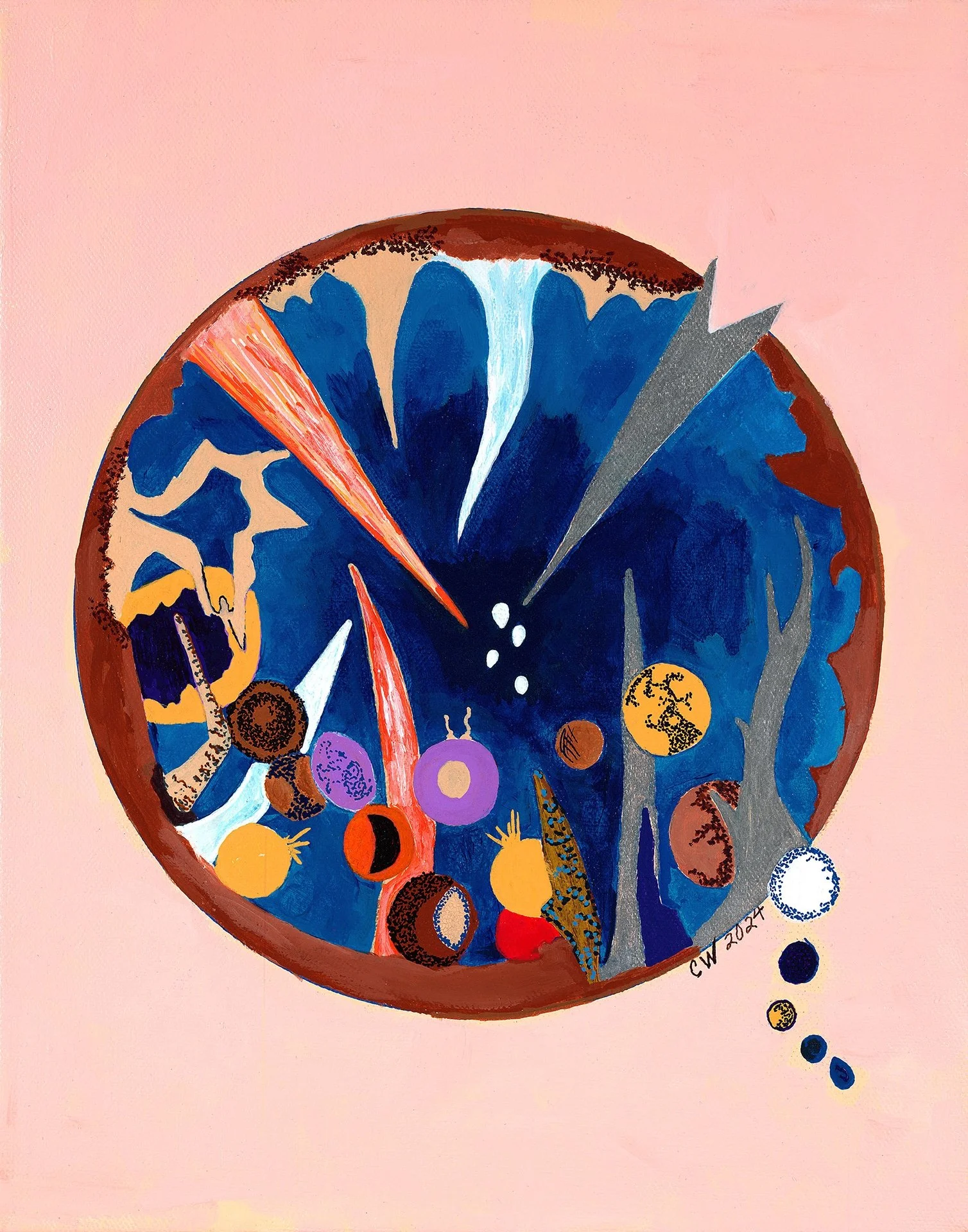 Abstract Ocean Cave: a rust-ringed circle of deep blue with pale angular shards, set on blush pink.