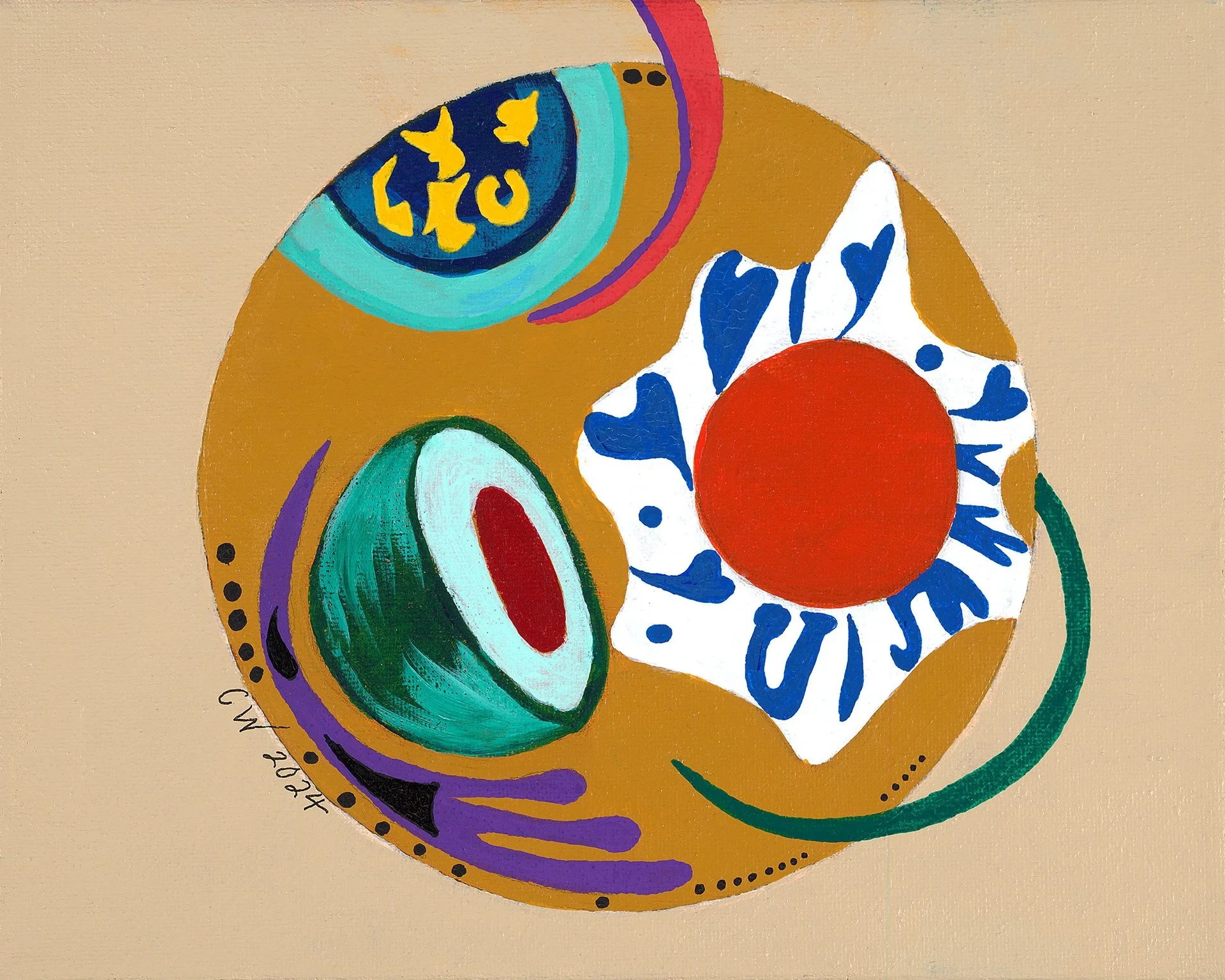 Abstract Design: a tan circle holding a red-orange disc, a ringed teal form, and curving bands of purple and blue.