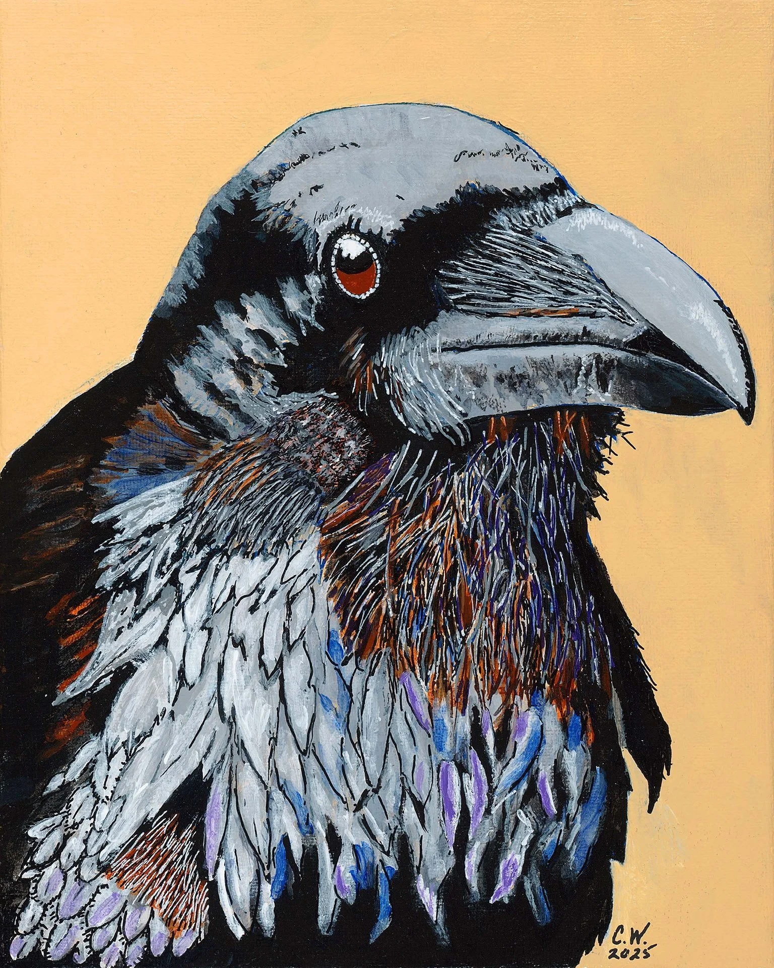Raven Close-up (2025): a raven's head and shaggy throat feathers in close detail against warm amber.