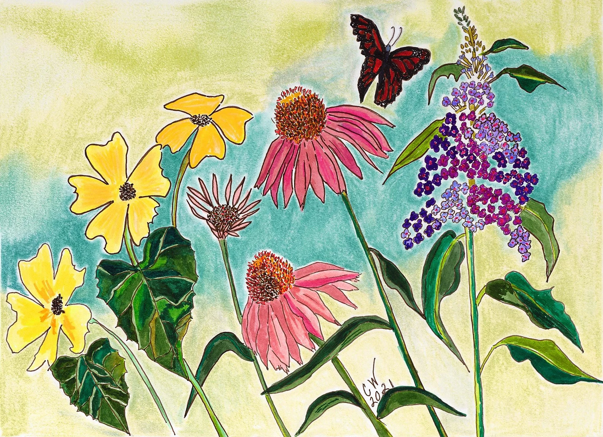 Cone Flowers with Butterfly: pink coneflowers and yellow blooms with a dark butterfly above them.