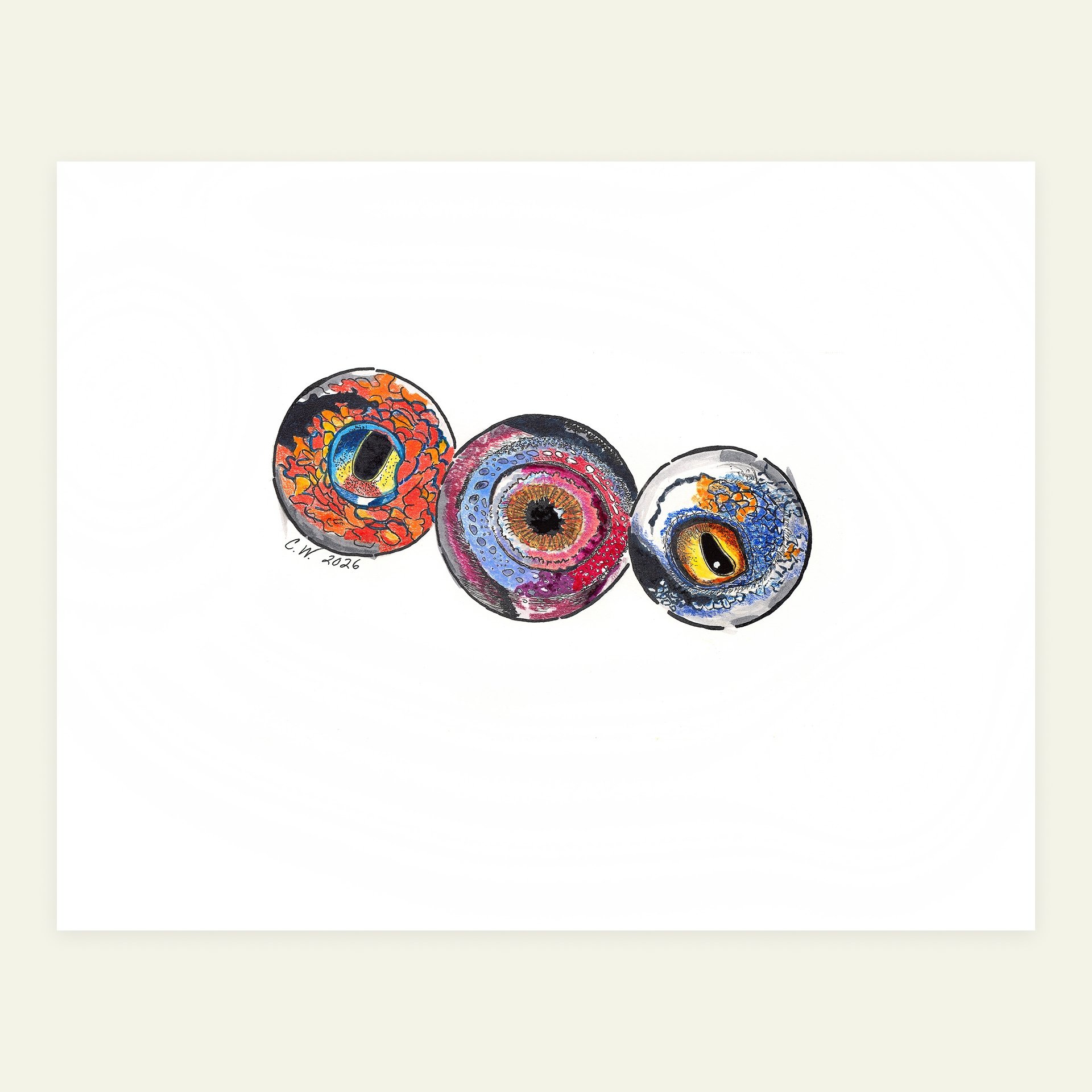 Watercolor and ink print of three circular eye studies in saturated color, shown full page with white border.