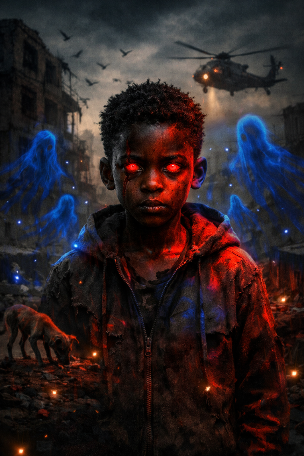 A dark, dystopian scene featuring a young boy with glowing red eyes and a burn scar on his face. Behind him, blue ghostly figures and a military helicopter flying through a war-torn city with ruined buildings and a cloudy sky.