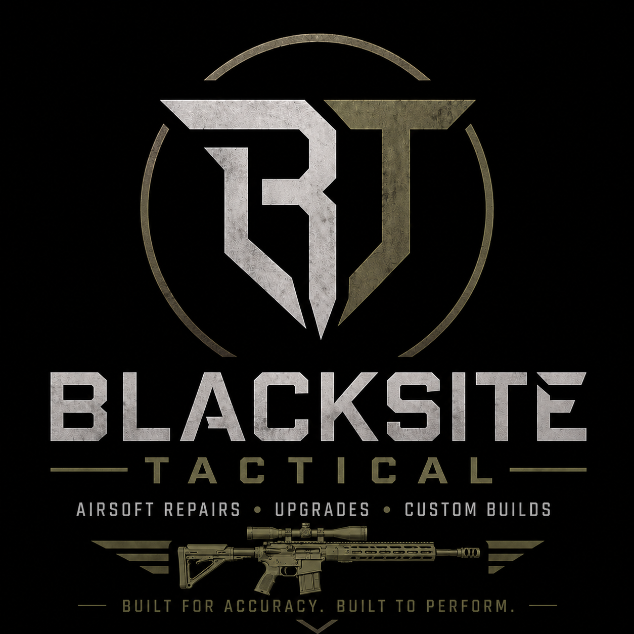 Blacksite Tactical logo featuring a stylized shield with a 'B' and 'T' intertwined. Text includes 'Blacksite Tactical,' 'Airsoft Repairs, Upgrades, Custom Builds,' and the slogan 'Built for Accuracy. Built to Perform.' with an image of a tactical rifle.
