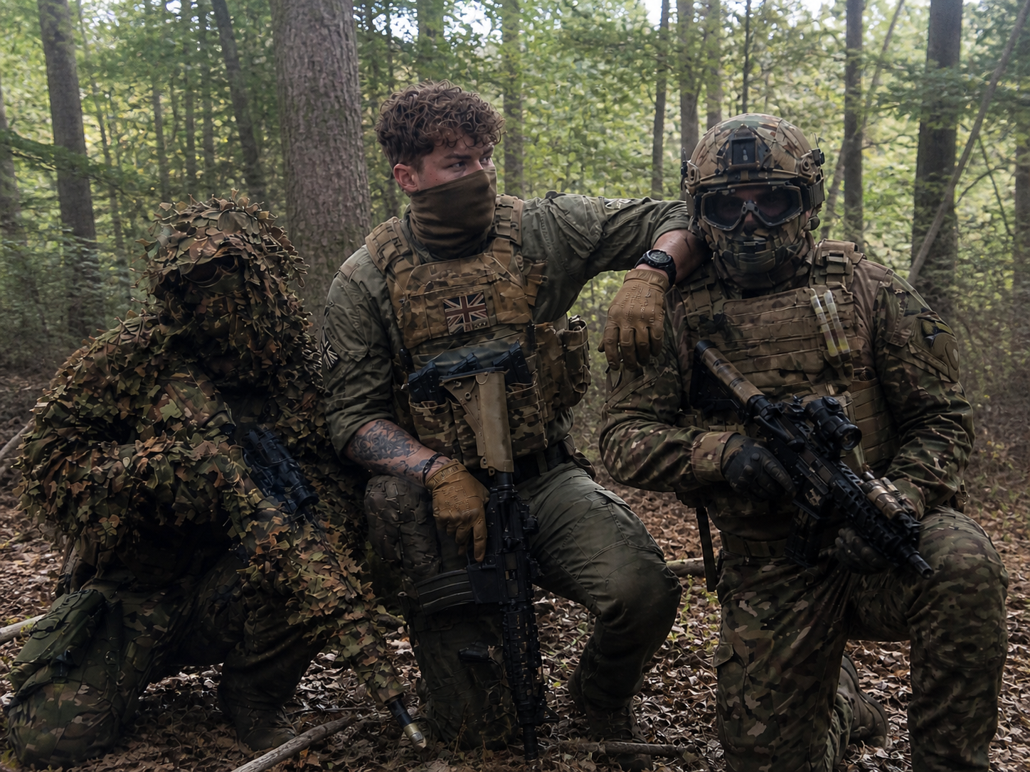 Three soldiers in camouflage gear and tactical gear in a forest, with one soldier wearing a ghillie suit, two kneeling and one sitting, holding rifles.