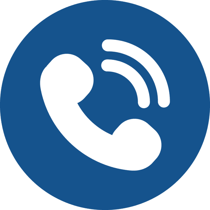 Phone receiver icon with signal waves on a blue background.