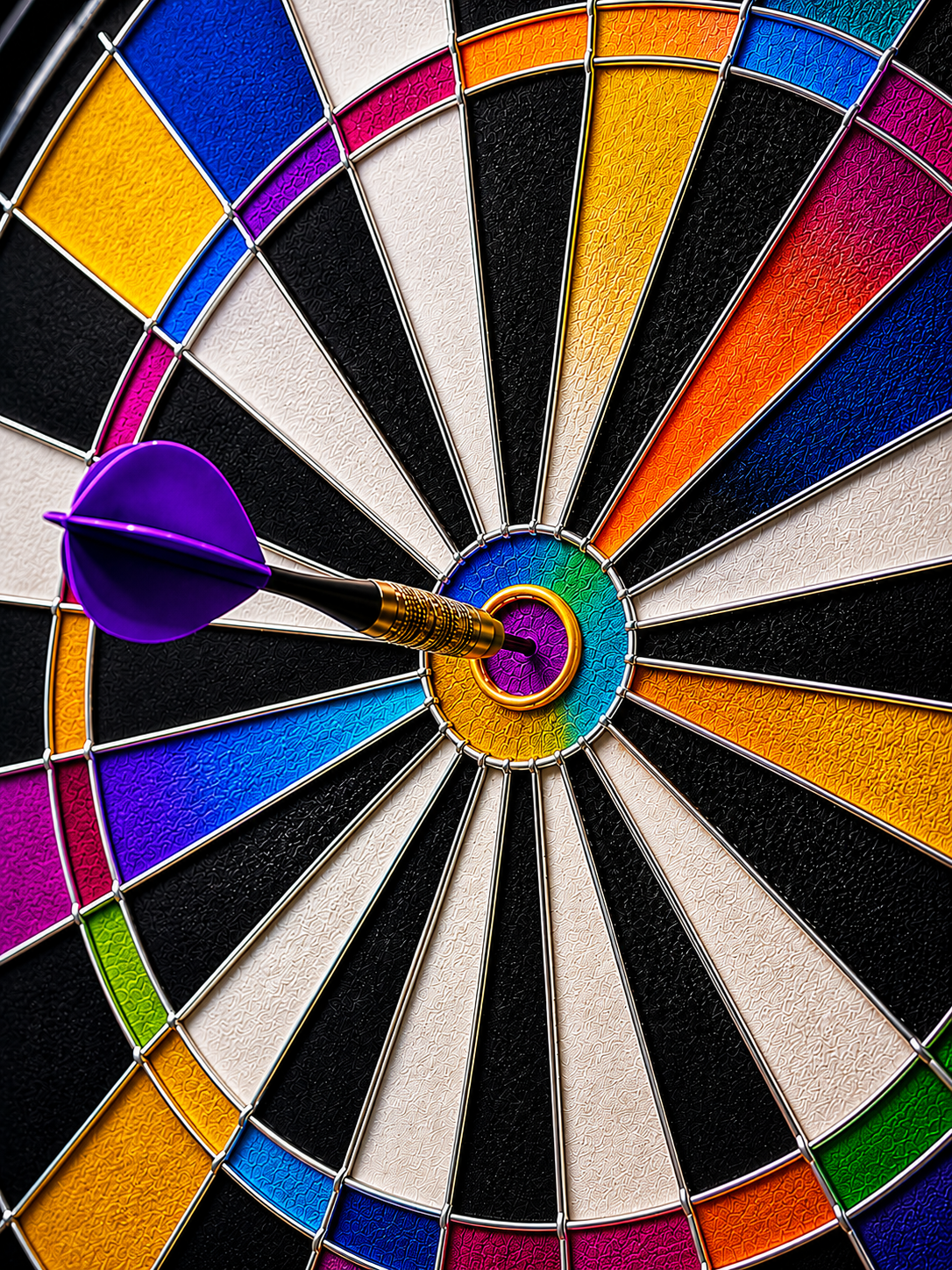 Close-up of a colorful dartboard with a dart hitting the bullseye.