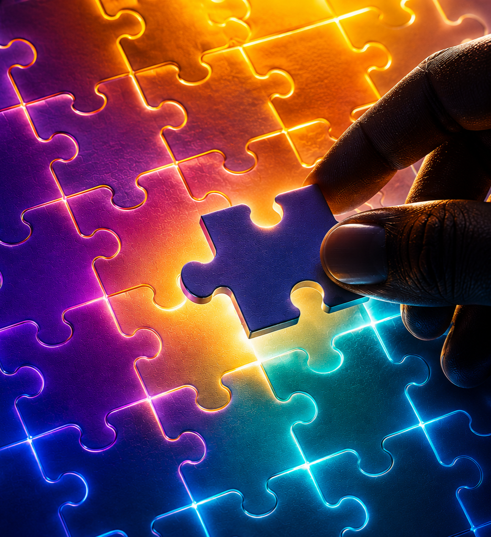 A hand placing a puzzle piece into a multicolored glowing neon puzzle with bright colors like purple, orange, yellow, and blue.