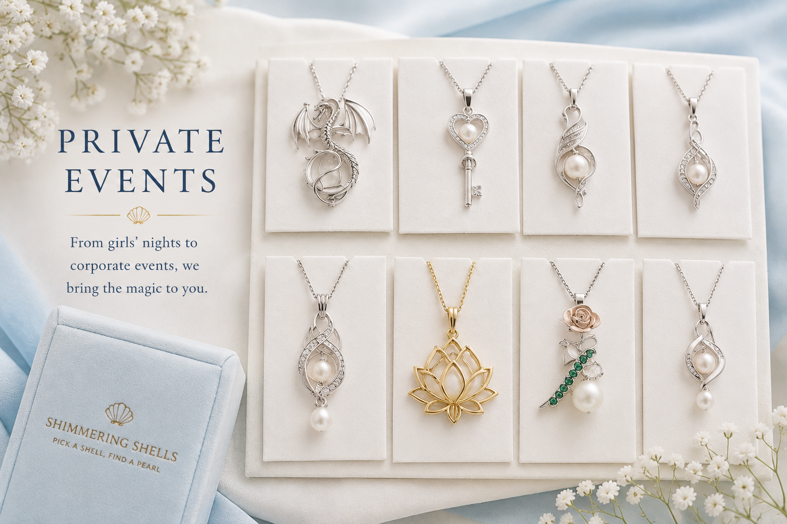 A display of various necklaces with pendants, arranged on white cards, with a sign advertising private events and a jewelry box labeled "Shimmering Shells" in the lower left corner.