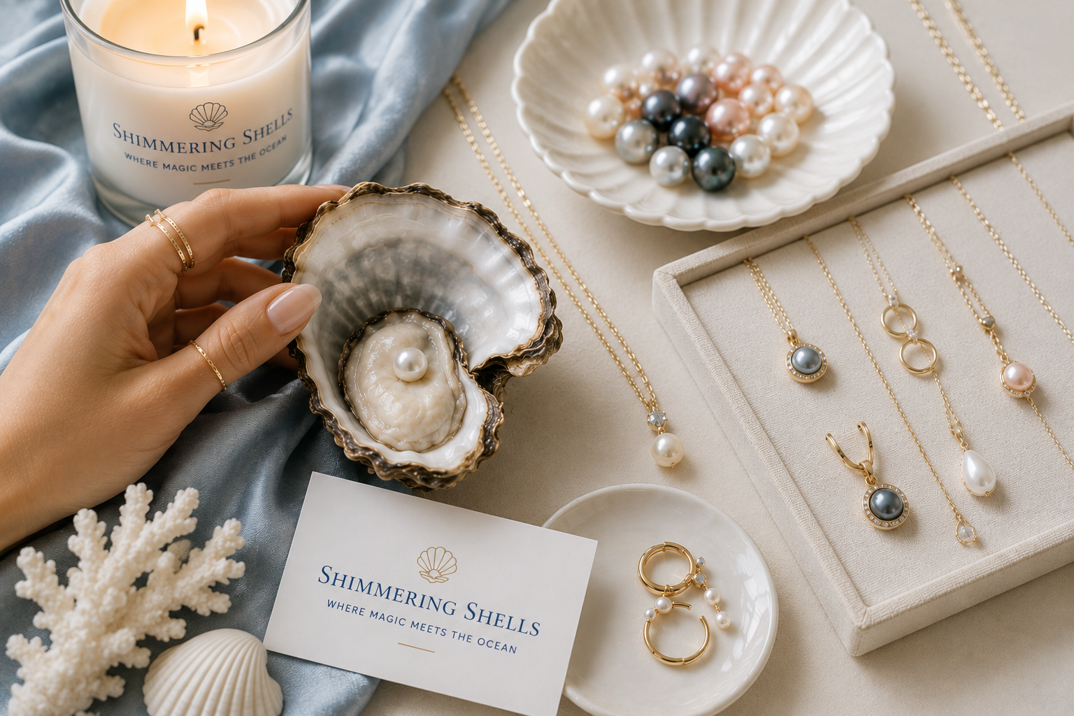 Arrangement of pearl jewelry, including necklaces, earrings, and rings, along with seashells, a candle, and decorative coral on a soft fabric surface.
