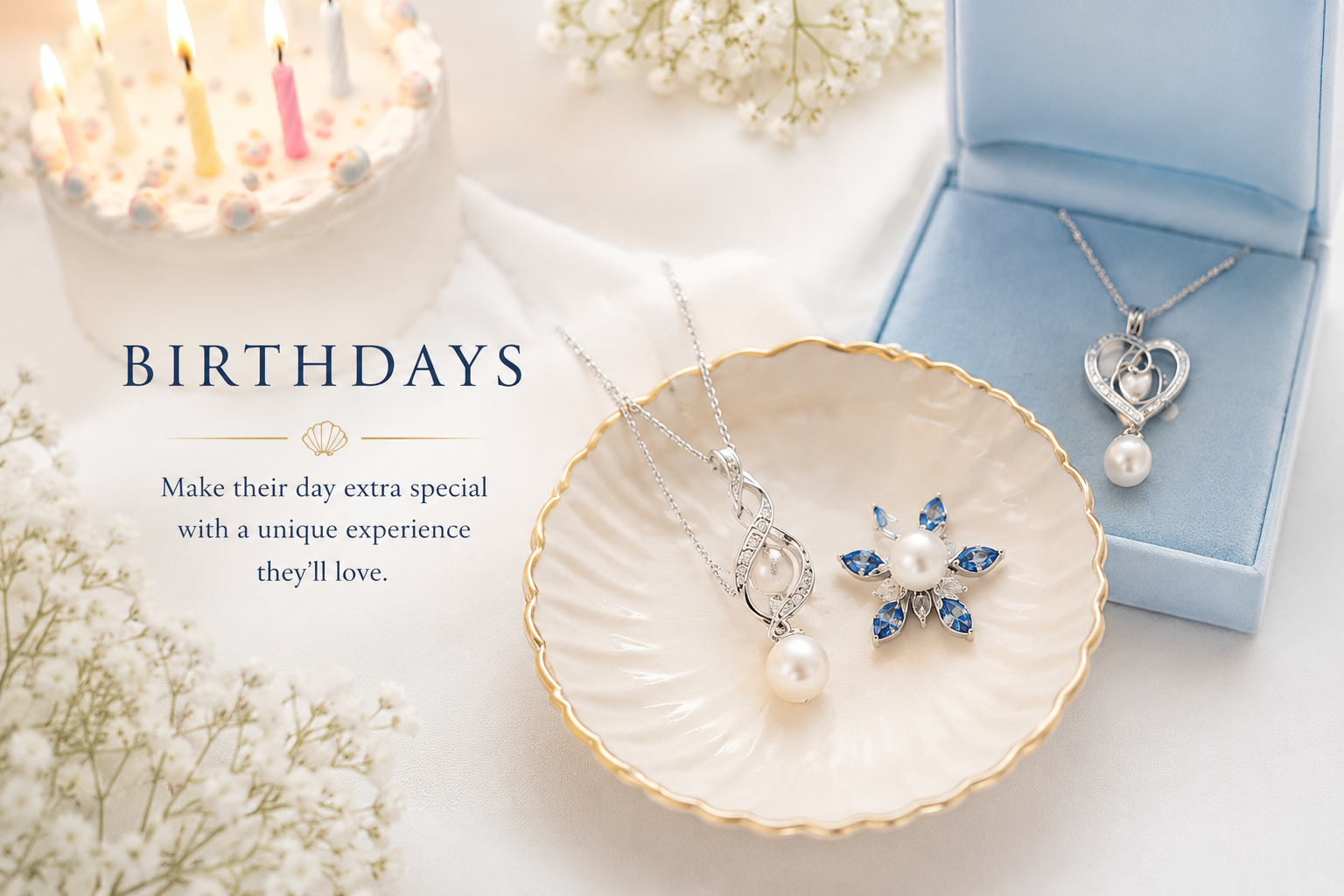 Elegant jewelry display with pearl necklaces and a flower-shaped earrings set, along with a birthday cake with candles, surrounded by white flowers, and promotional text for birthday gift ideas.