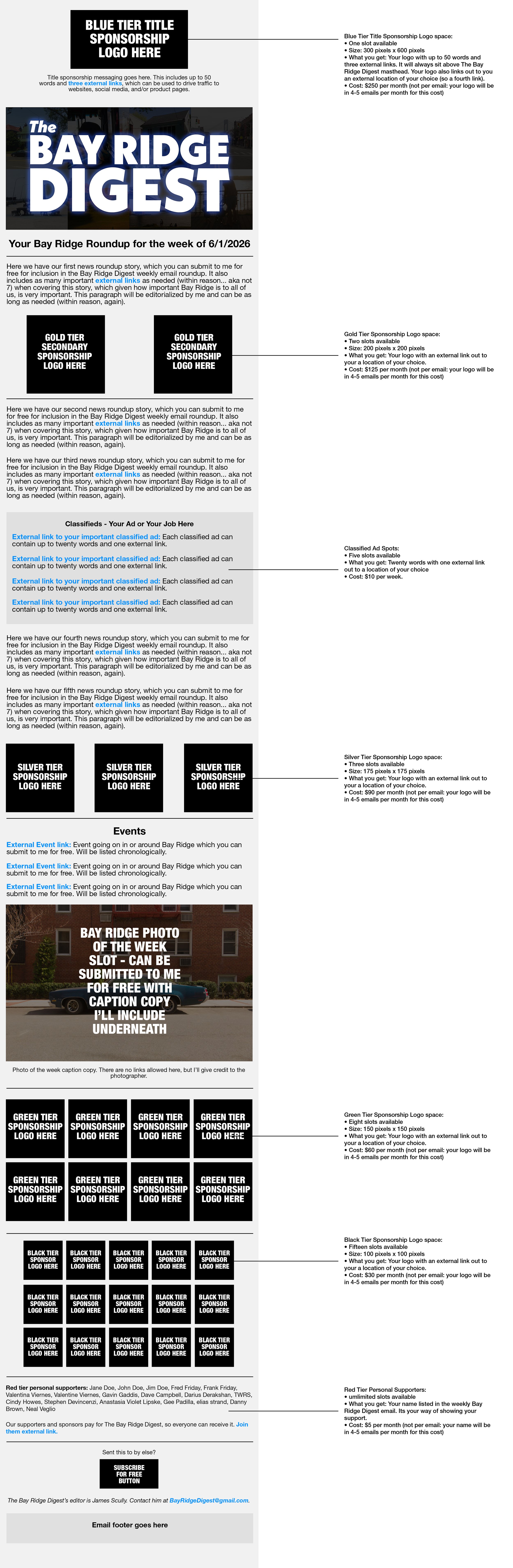 Template for a community newsletter titled "The Bay Ridge Digest" with placeholders for sponsorship logos, event listings, classified ads, and a photo of a building on a city street.