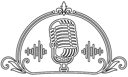 Vintage microphone with sound wave graphics and decorative floral elements.