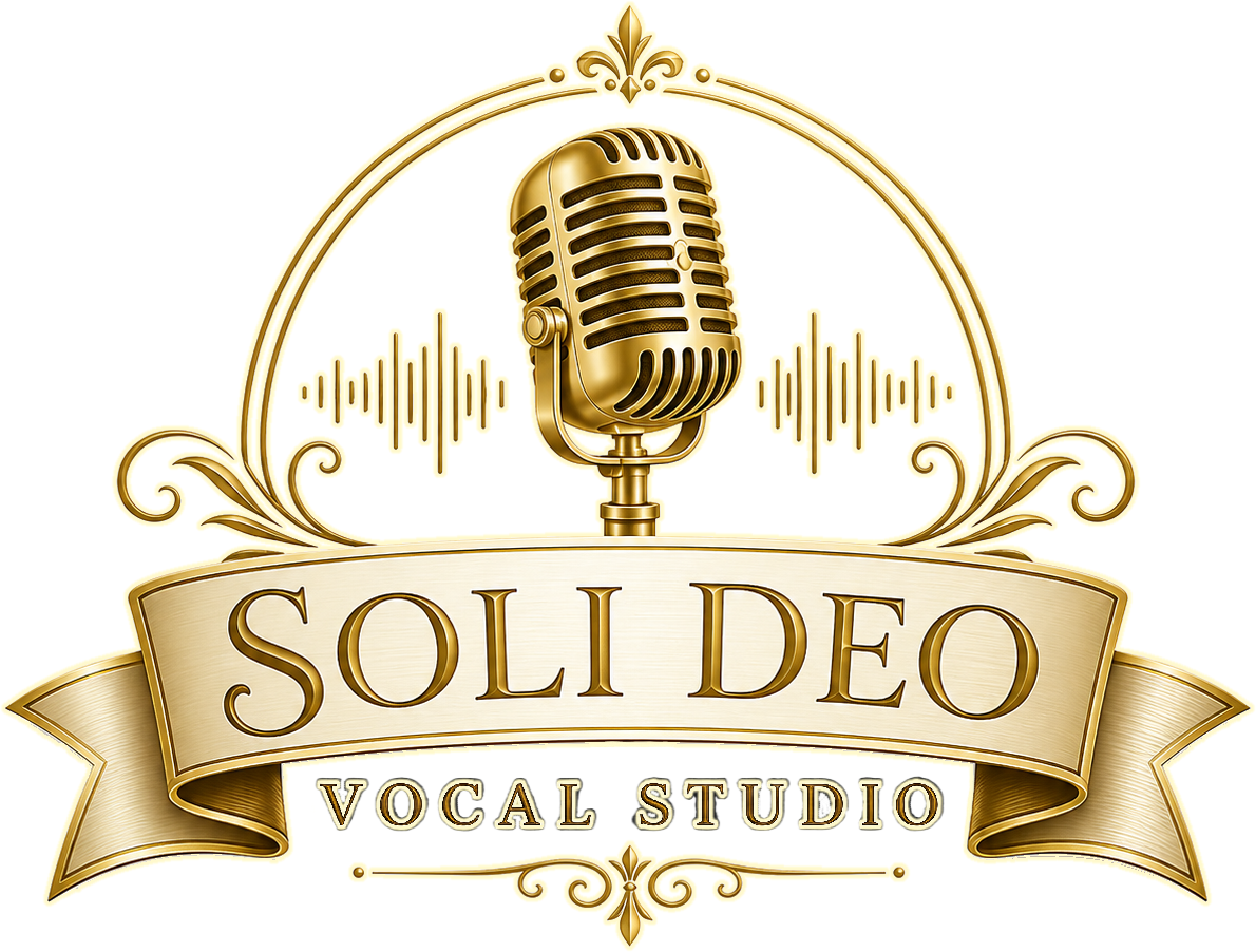 Gold vintage microphone with sound wave graphics behind, and a banner reading "Soli Deo Vocal Studio" in gold and black on a cream background.