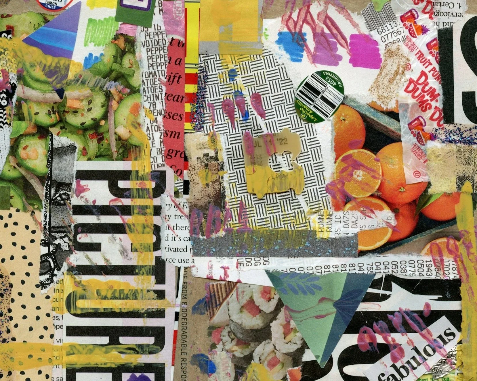 A collage of various colorful torn paper and magazine clippings layered together, including images of cucumbers, oranges, and other abstract patterns and text. Expressive Art therapy.