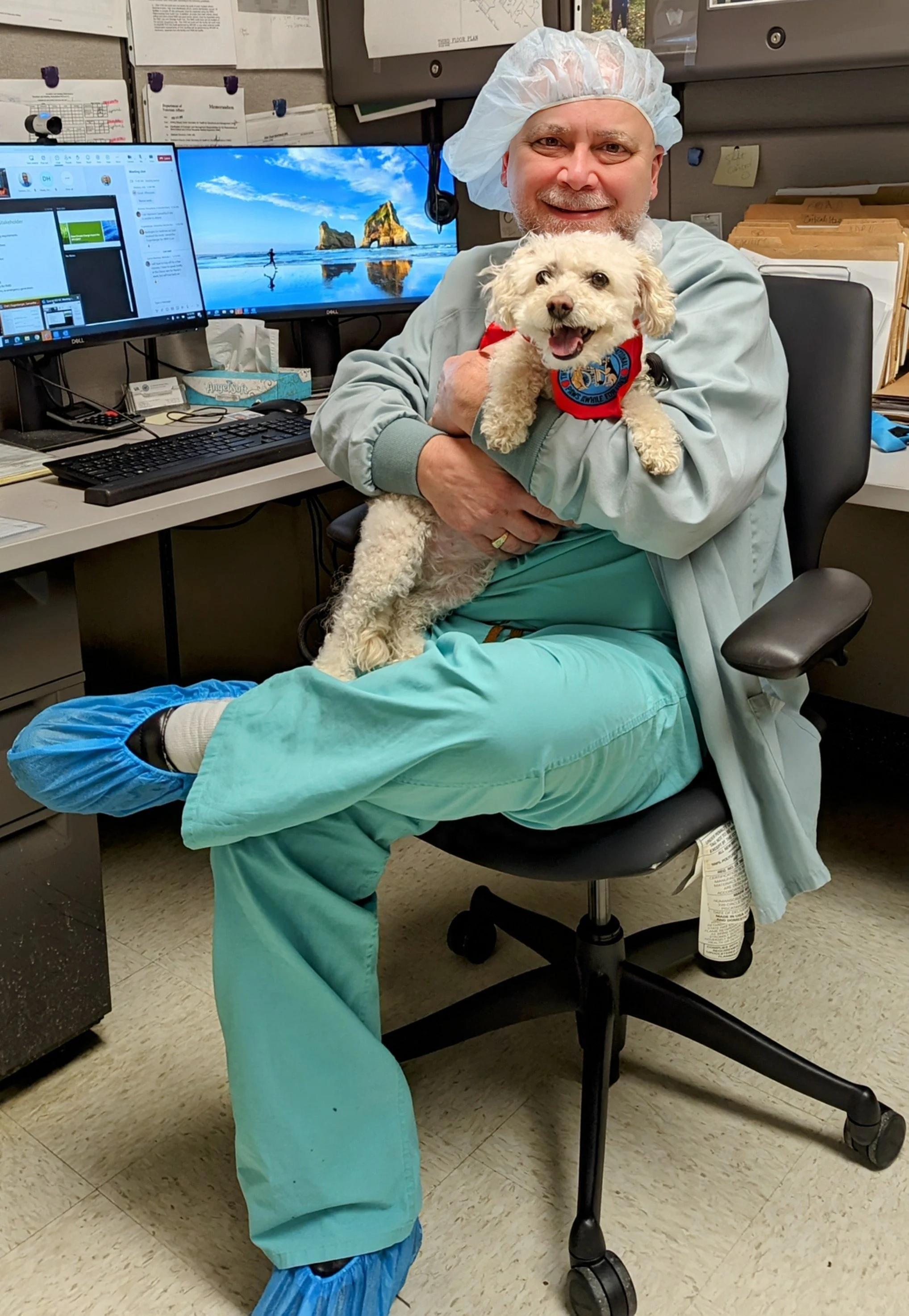 Riley visiting with the SPS staff at the Buffalo VA Hospital during a scheduled therapy dog visit. She is held by a man in hospital scrubs and hairnet.