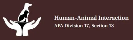 Graphic of a dog sitting on a human hand holding it up, with text reading 'Human-Animal Interaction APA Division 17, Section 13' on a dark background.