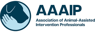 Logo of the American Association of Animal-Assisted Intervention Professionals (AAAIP), featuring a hand and dog silhouette in a circular design and the organization's name.