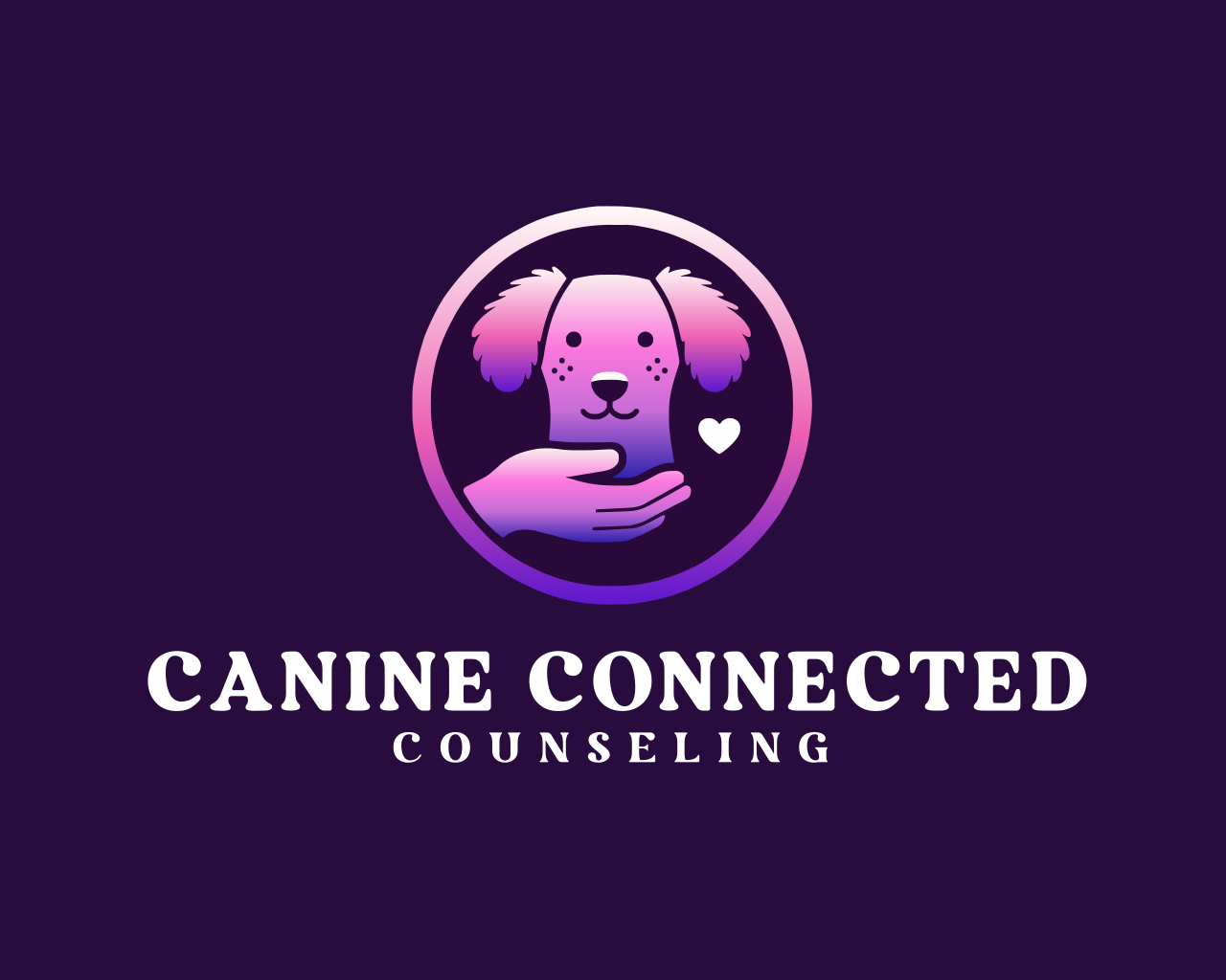 Canine Connected Counseling logo for Jessica Allen-LCSW. A pink gradient circle that moves from purple to pink to white from the bottom encircles a fluffy dog being held by a hand. With a white hard on the right side next to the dog.