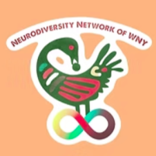 Logo of the Neurodiversity Network of WNY featuring a stylized bird with a brain-shaped head and rainbow-colored infinity symbol beneath it, set against an orange background.