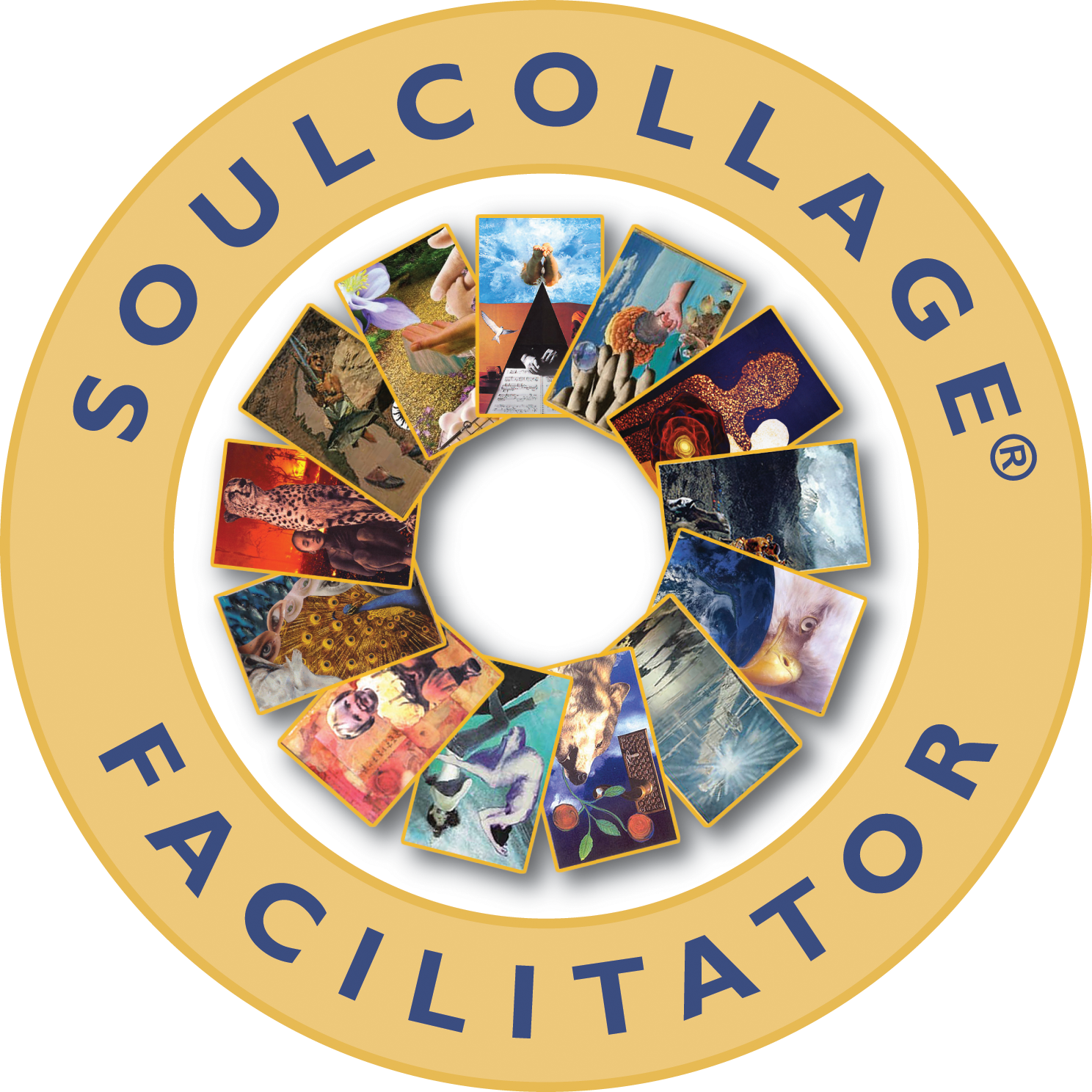 A circular graphic with the words "SCULLOLA GALLERY FACILITATOR" around the perimeter. Inside, there is a spiral arrangement of various colorful photographs including animals, nature, people, and abstract art. Facilitator. Group Therapy.