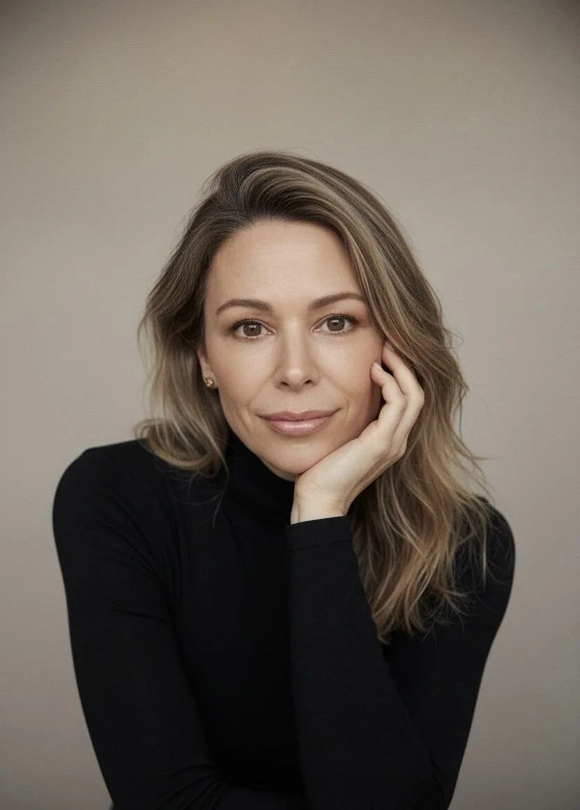 A woman with blonde wavy hair and light makeup, wearing a black turtleneck, resting her face on her hand against a plain light-colored background.