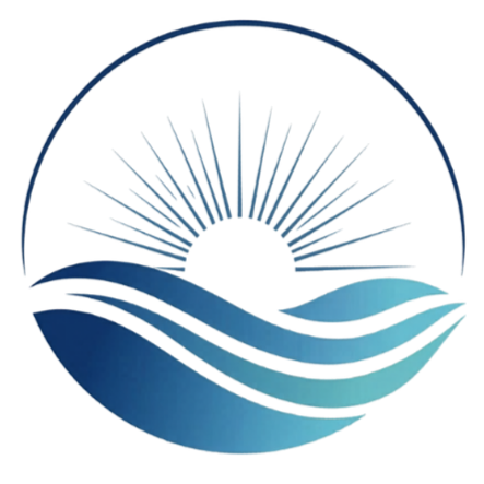 Abstract logo with a globe, waves, and a stylized sun or starburst design