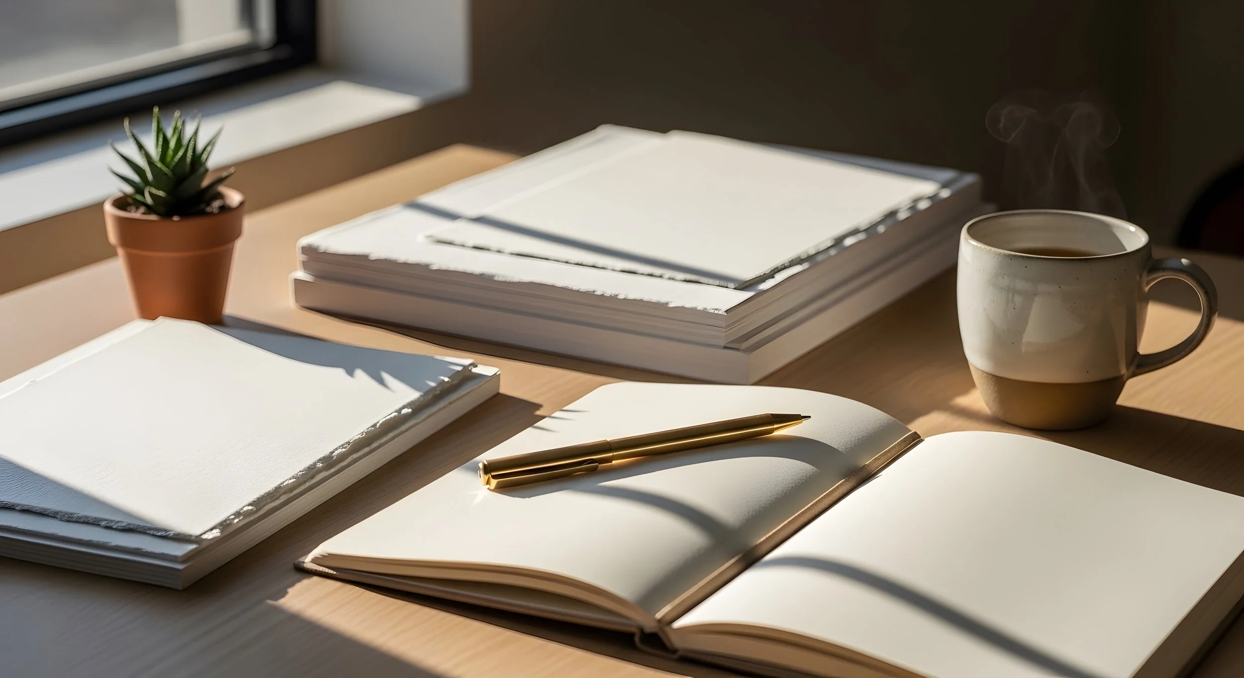 Sunlit desk with stacks of blank paper, an open notebook, a gold pen, a steaming mug, and a small potted succulent plant near a window.