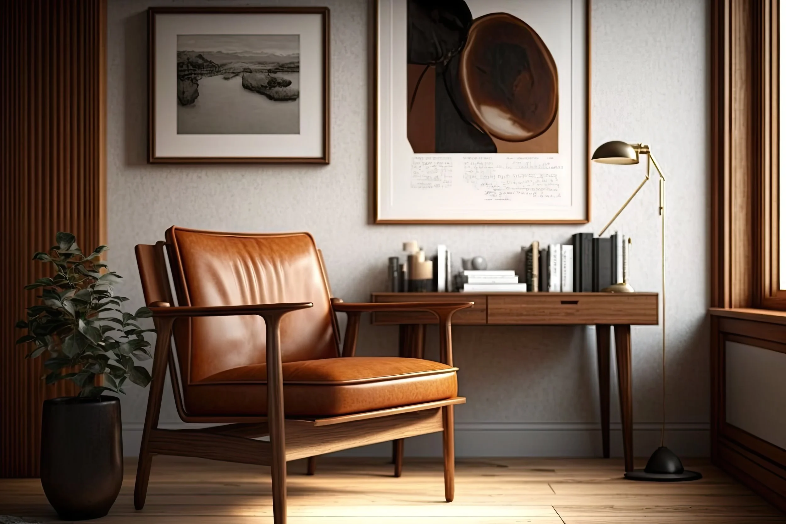 A cozy home office corner with a wooden desk, a leather armchair, framed black and white landscape art, a side table with black books, a brass desk lamp, and a large potted plant.
