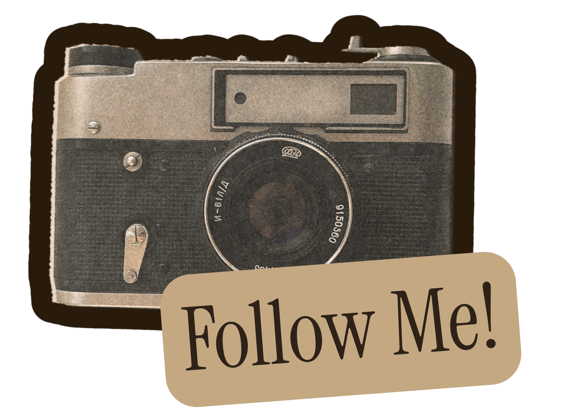 A vintage camera with a message card that reads 'Follow Me!'