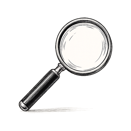 Illustration of a magnifying glass with a handle, viewed from above.