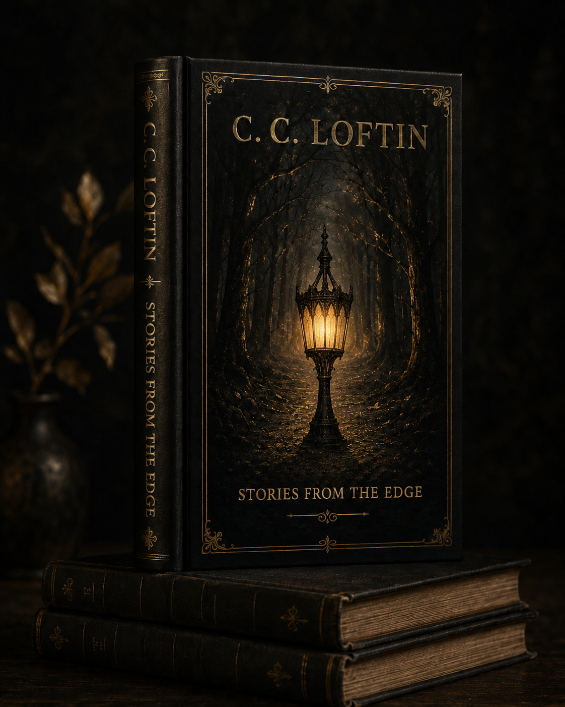 A hardcover book titled 'Stories from the Edge' by C.C. Loetin, featuring a dark, mystical forest with a glowing lantern on the cover. The book is standing upright on top of two other old, dark leather-bound books.
