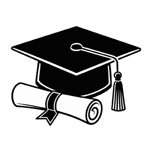 Graduation cap with a diploma scroll.