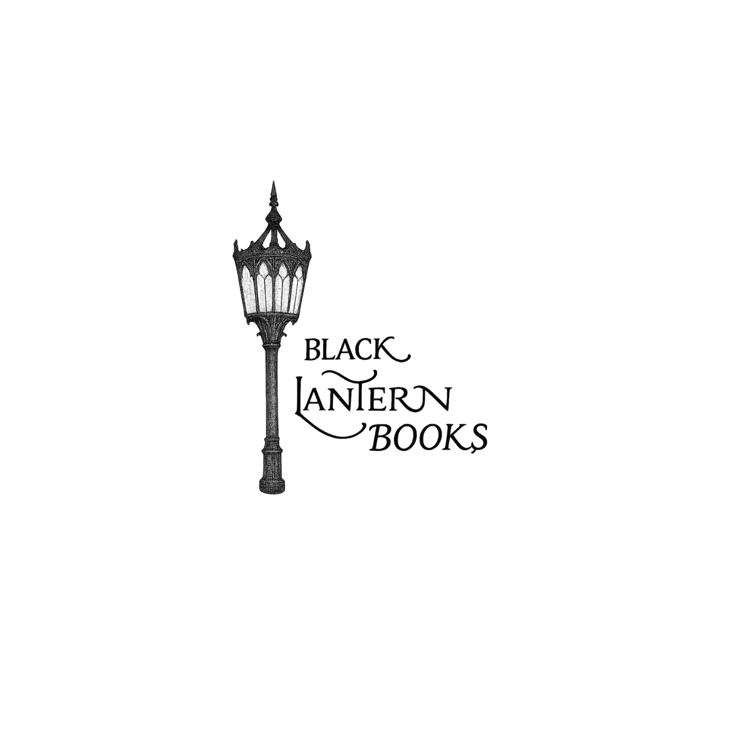 A vintage-style black lantern with intricate details, positioned on a black background with the text "Black Lantern Books" faintly visible.