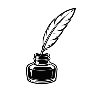 A black and white illustration of a quill pen in an inkwell.