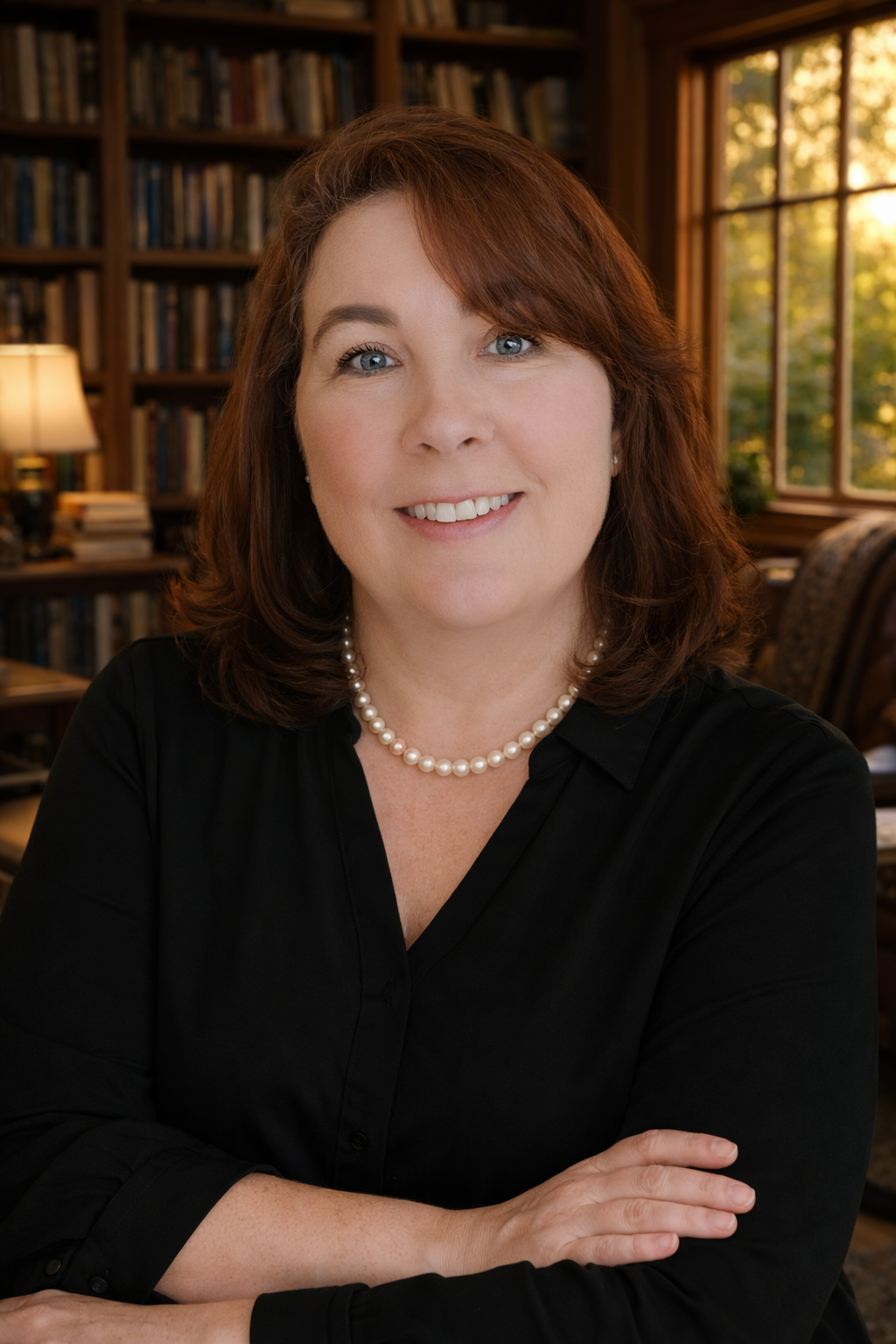 A woman with red hair and blue eyes wearing a black blouse and pearl necklace, sitting in a library with bookshelves and a window with sunlight in the background.