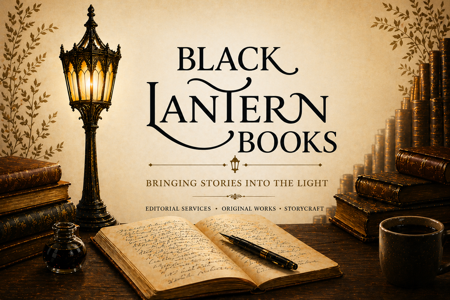 Vintage desk with open handwritten journal, ink bottle, fountain pen, coffee mug, and stacks of leather-bound books; background features a warm, illuminated lamp and decorative floral patterns, with the text 'Black Jantern Books - Bringing Stories into the Light.'