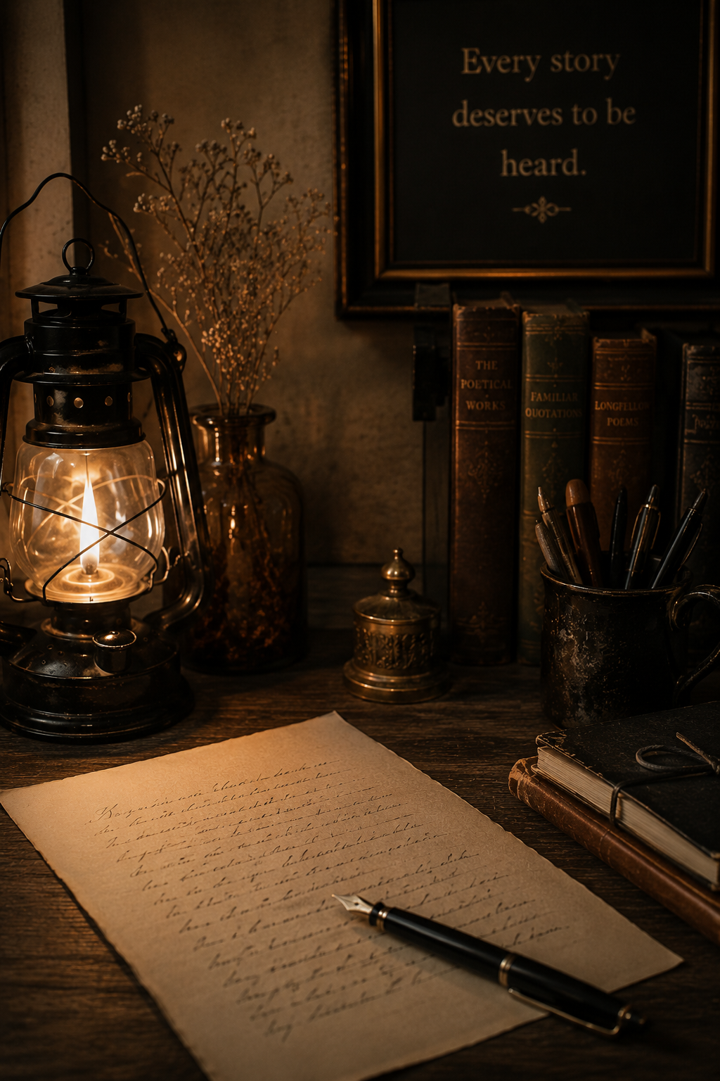 A vintage desk scene with a lit oil lantern, a vase of dried flowers, a framed quote reading 'Every story deserves to be heard,' a row of old books, a pen holder with pens, a closed notebook, and a handwritten letter with a fountain pen.