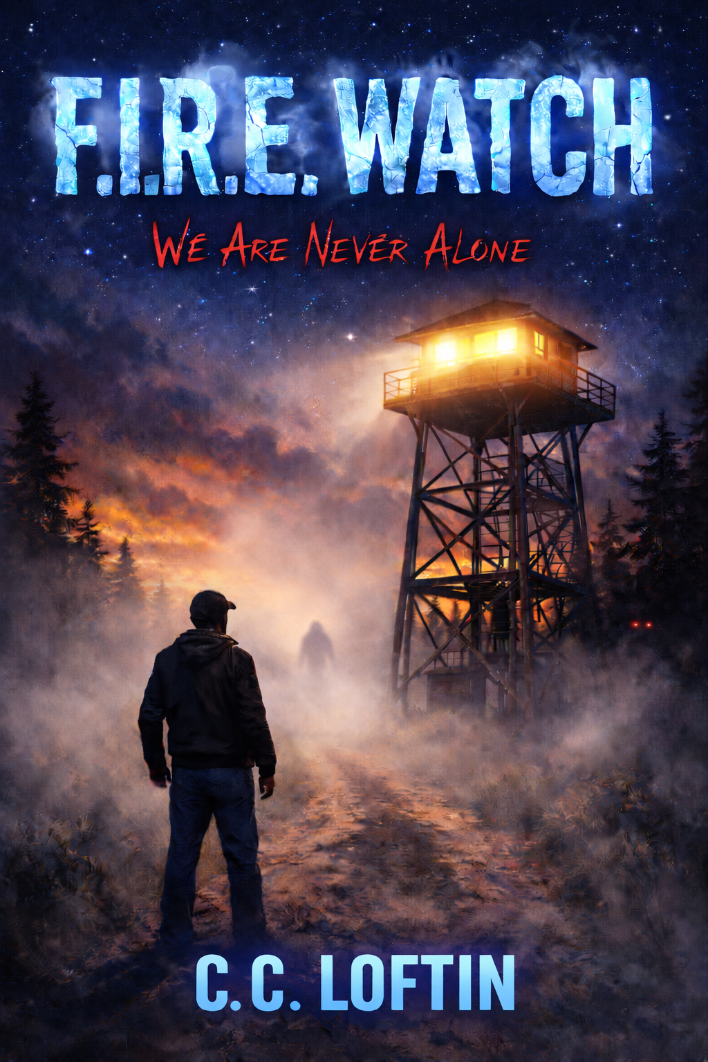 A person stands on a foggy dirt path in a forest at dusk, looking toward a fire lookout tower with glowing lights, under a starry sky with the title 'F.L.I.R.E. Watch' and the subtitle 'We Are Never Alone', and authored by C.C. Loftin.