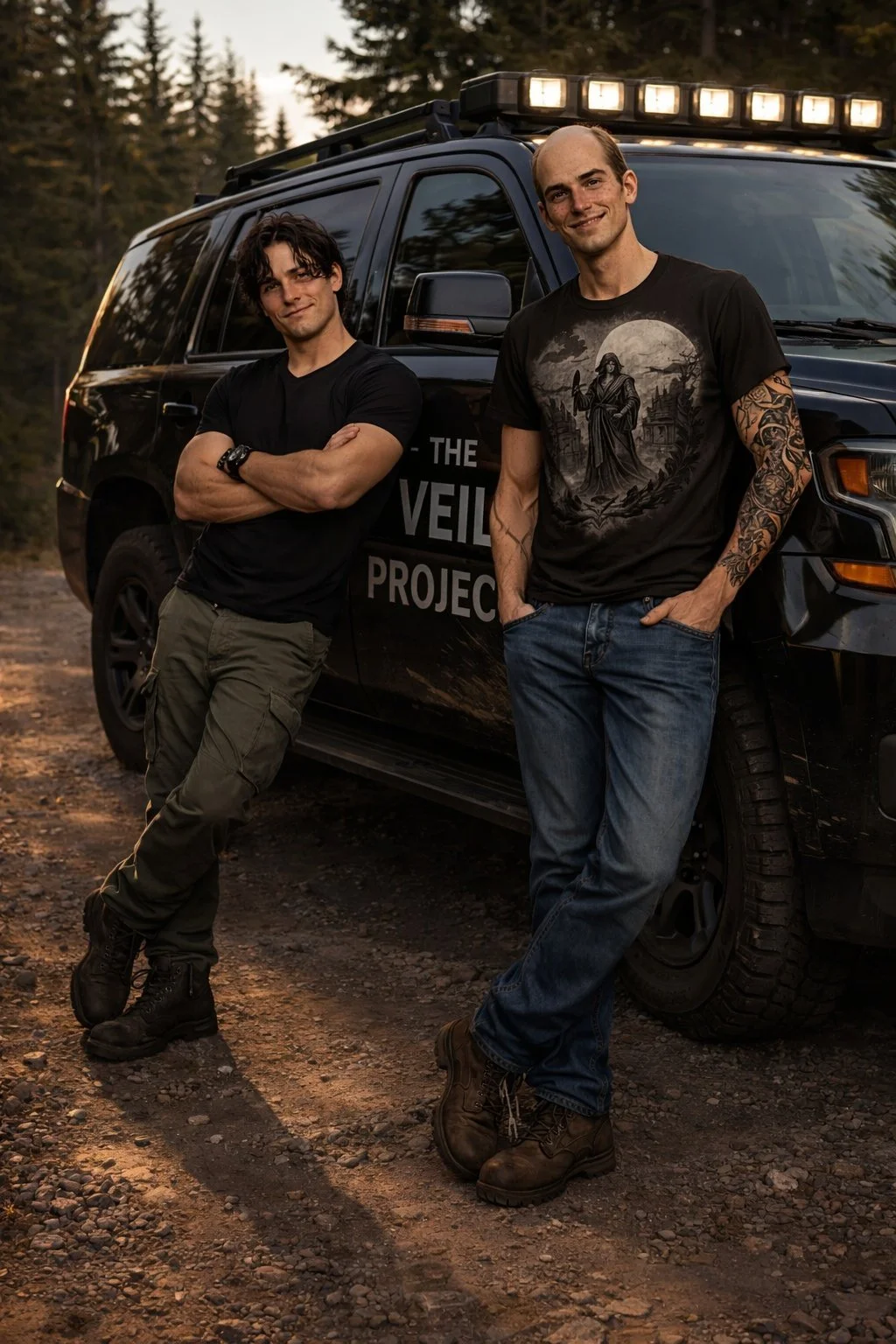 Two men standing in front of a black vehicle with the text "The Veil Project" on the side, outdoors on a dirt path with a background of trees, during sunset or dusk.