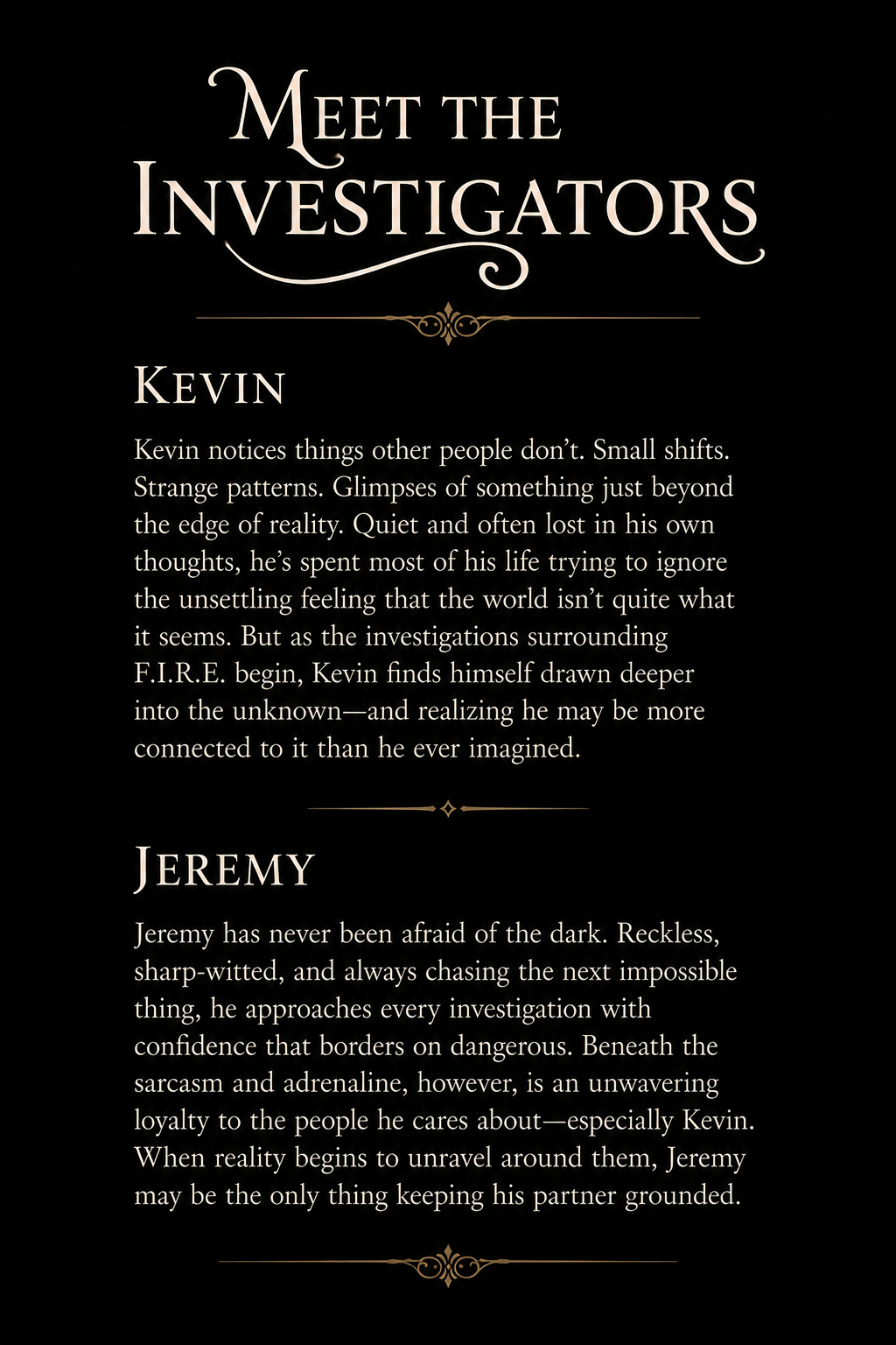 Text titled 'Meet the Investigators' introducing characters Kevin and Jeremy, describing their personalities and traits related to investigation and their approach to challenges.