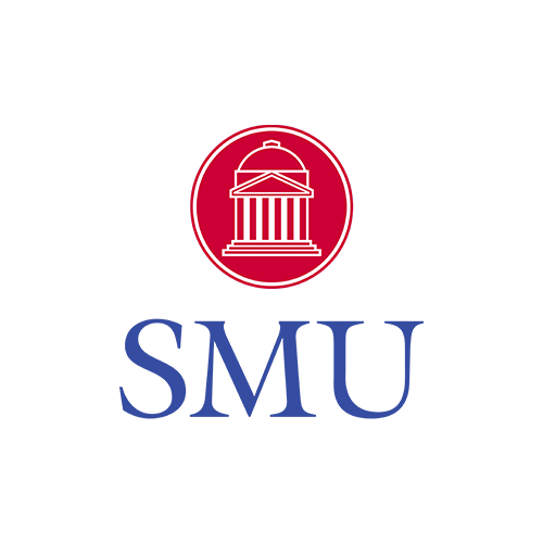 Logo of Southern Methodist University featuring a red circular emblem with a white outline of a building with columns, and the letters 'SMU' in blue below in a serif font.